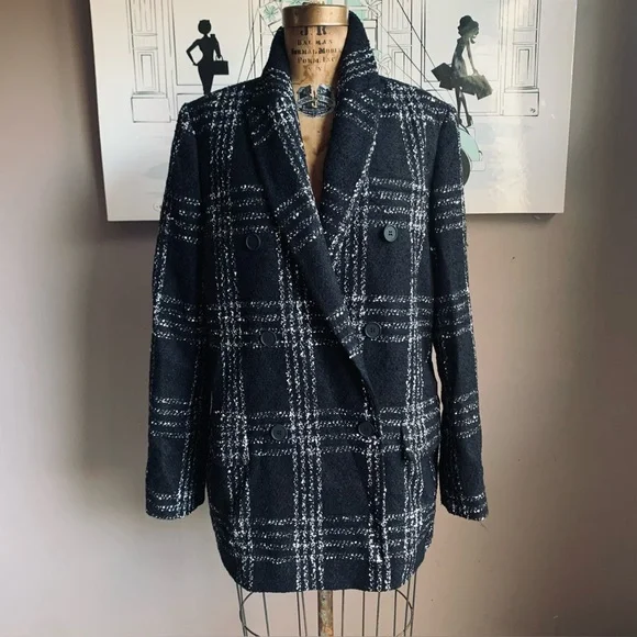 All Saints Astrid Black and White Check tweed Double breasted Blazer, 8 - Picture 5 of 11